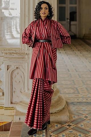 maroon hand woven satin silk striped saree set