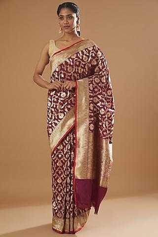 maroon handwoven banarasi saree set