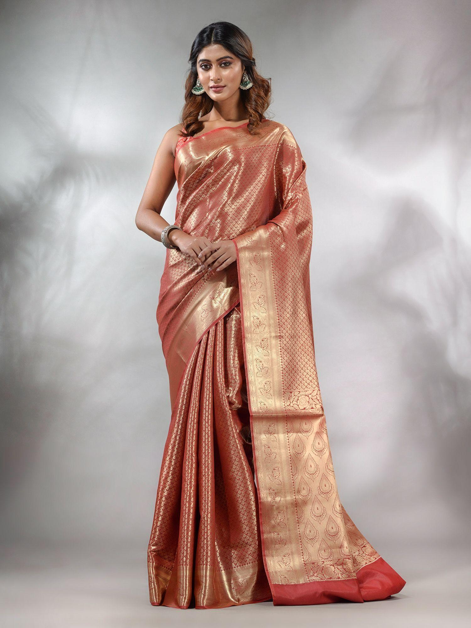 maroon handwoven brocade silk saree with zari woven designs & unstitched blouse