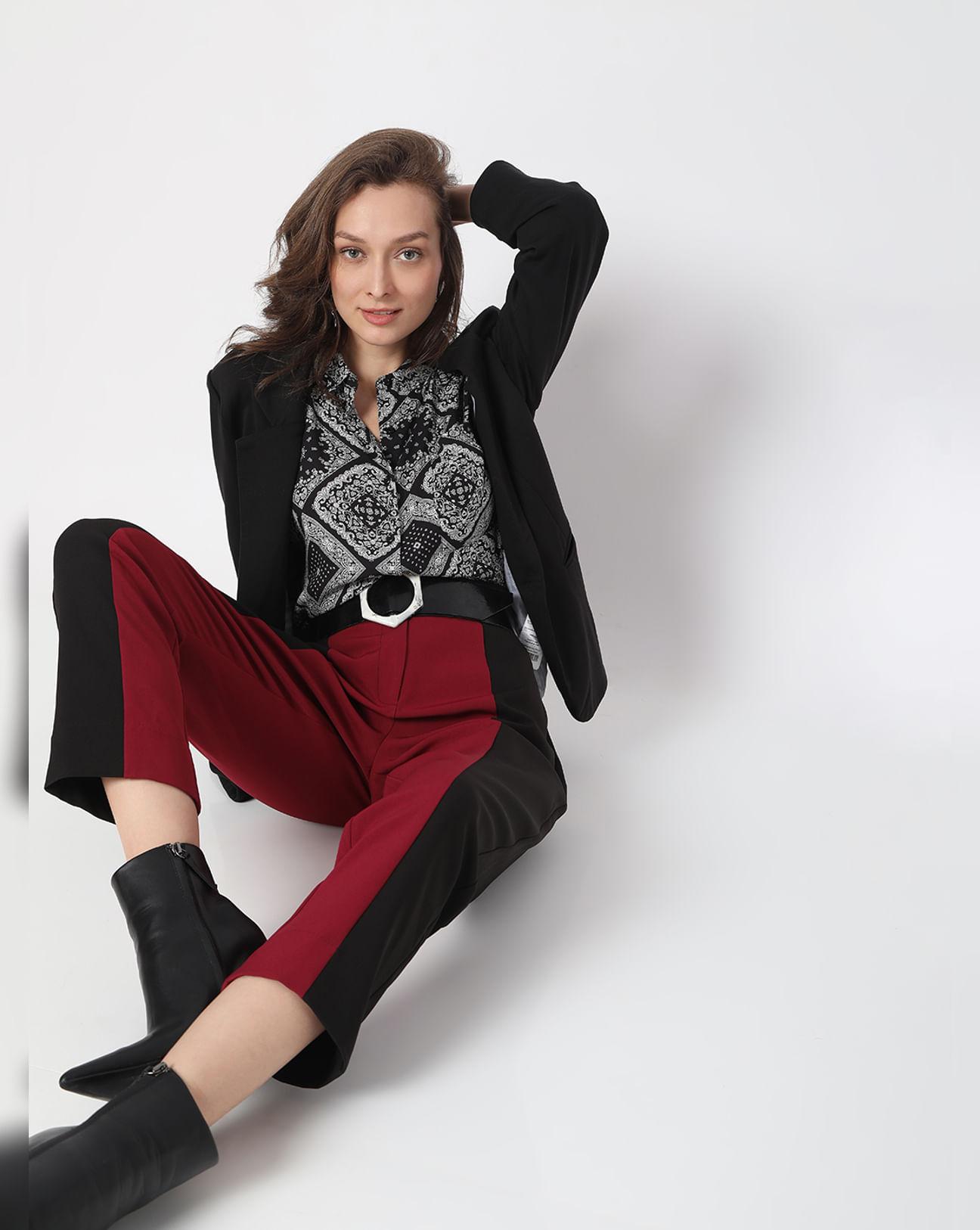 maroon high rise colourblocked trousers