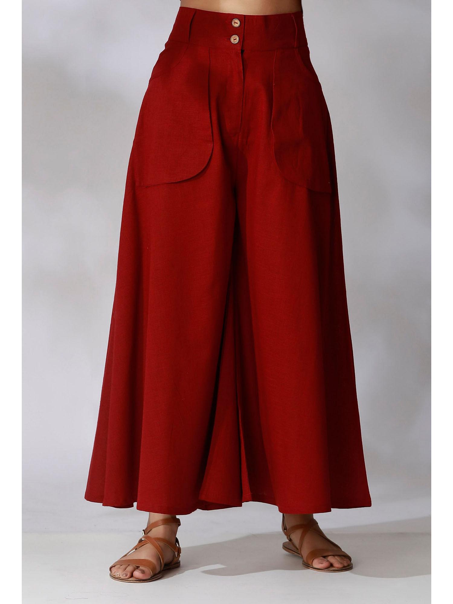 maroon high waist palazzo with front pockets