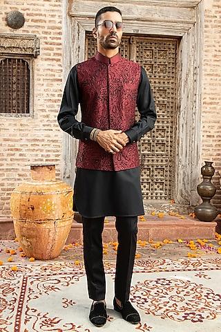 maroon indian dupion embroidered nehru jacket