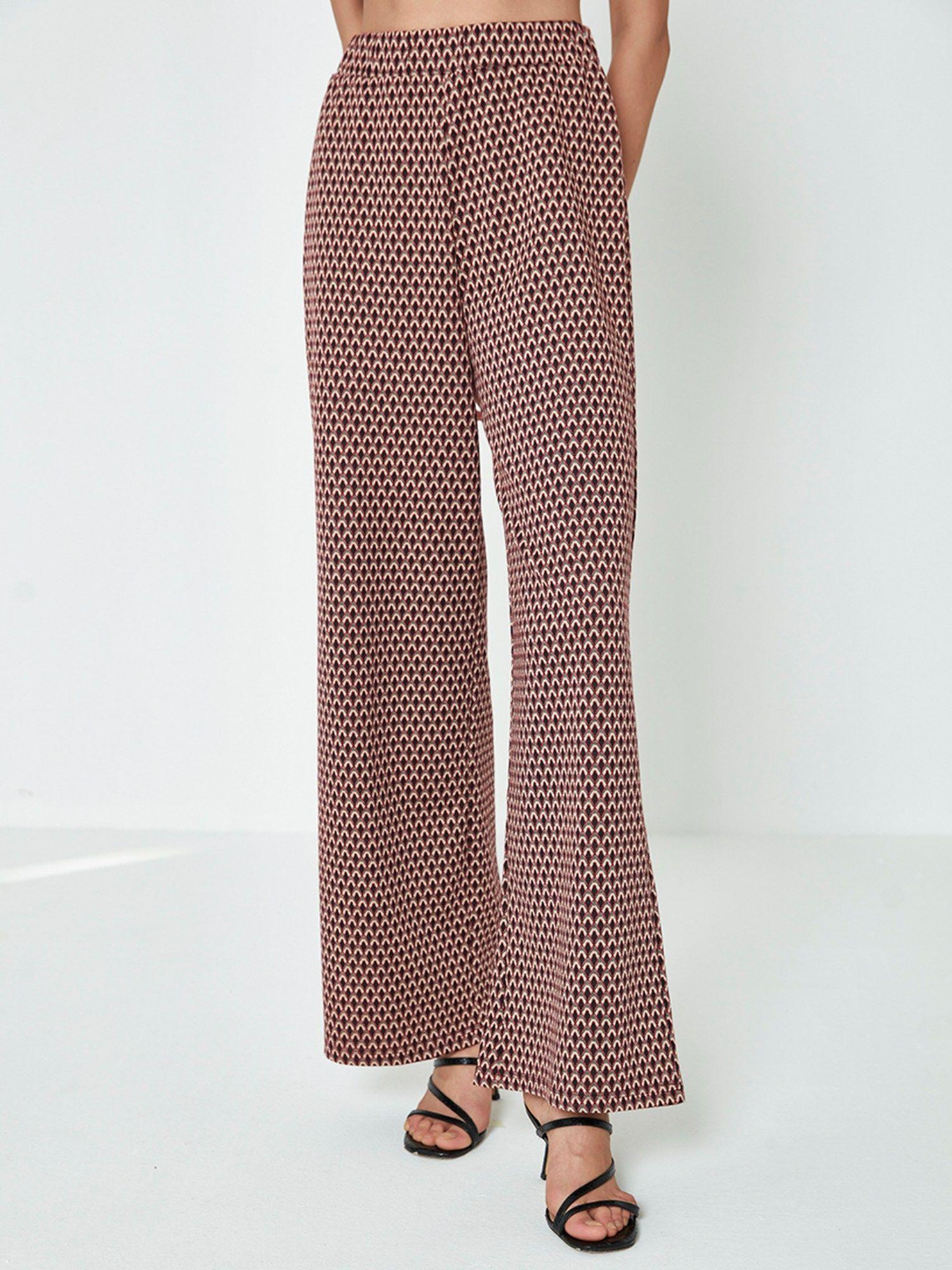 maroon jacquard print flared trousers