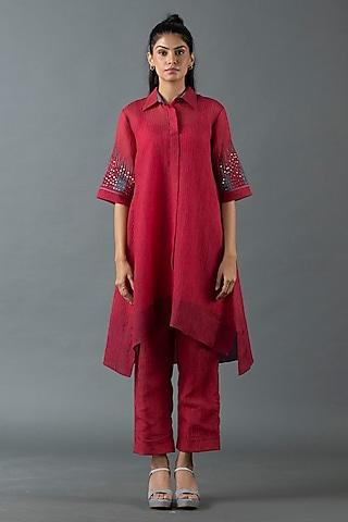 maroon japanese quash hand embroidered tunic set