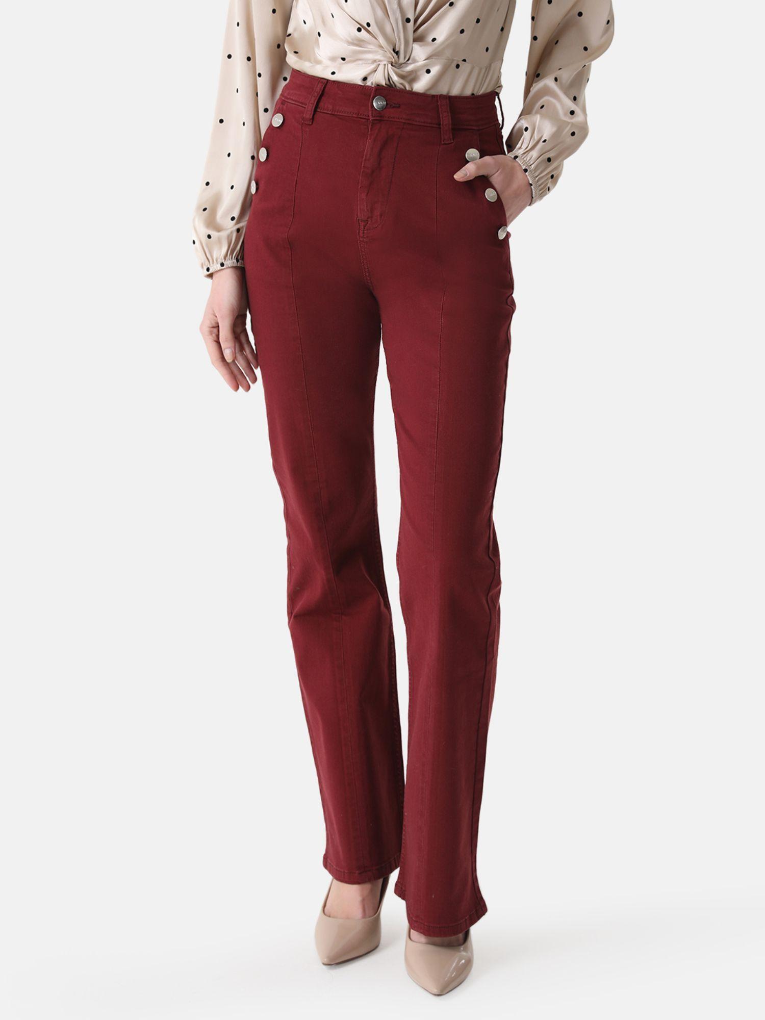 maroon jeans with metal buttons at pocket