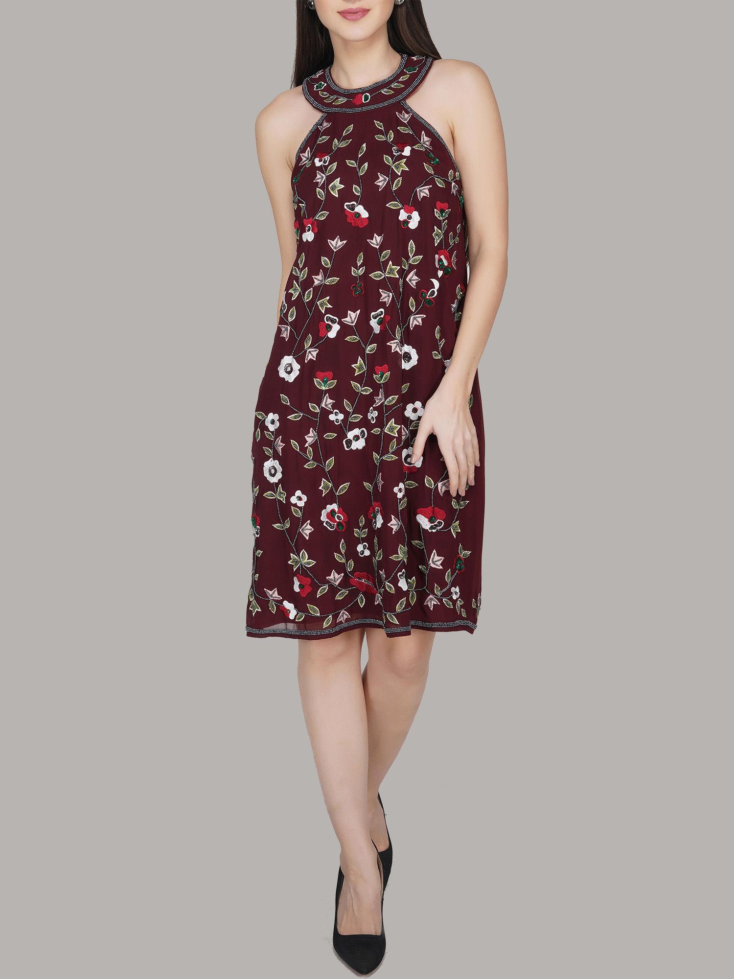 maroon jewel neck dress