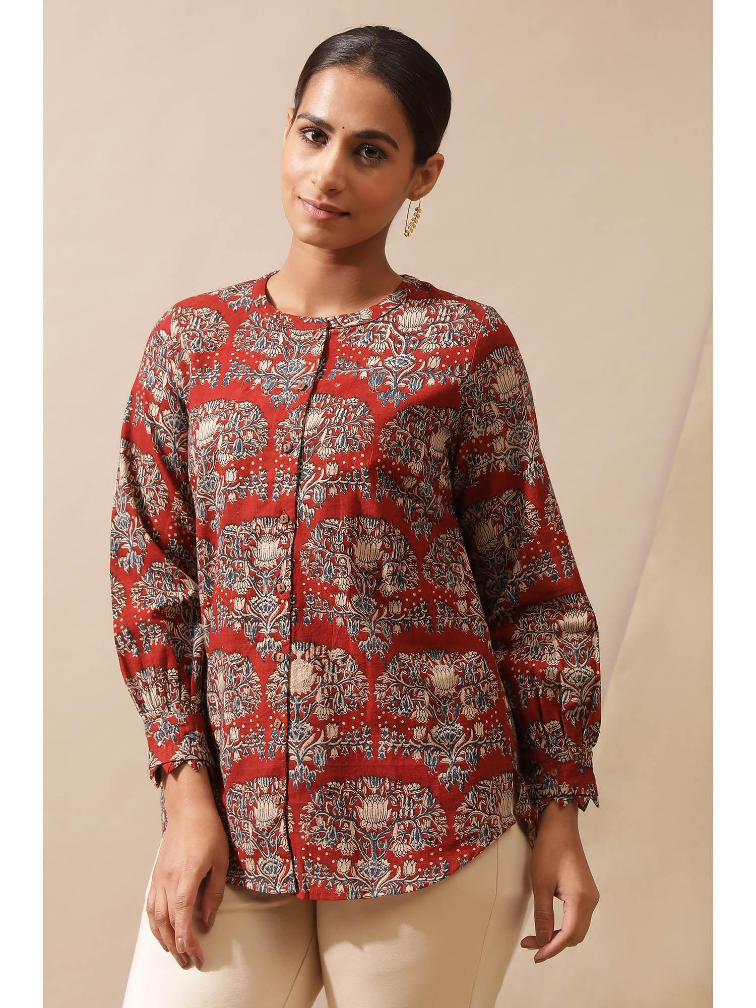 maroon kalamkari work printed top