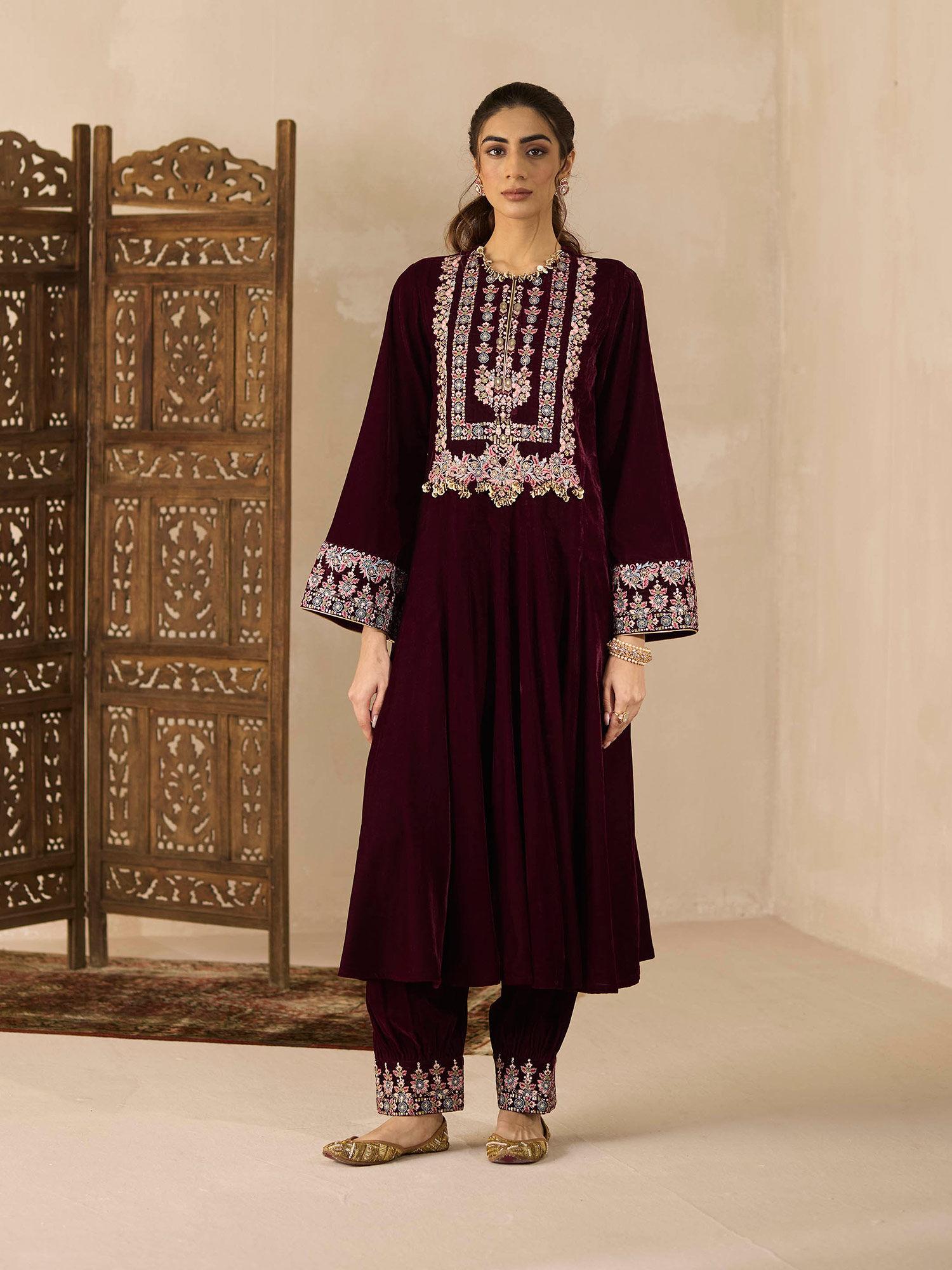 maroon kali anarkali kurta with salwar and dupatta (set of 3)