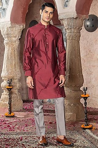 maroon katan silk embroidered kurta set