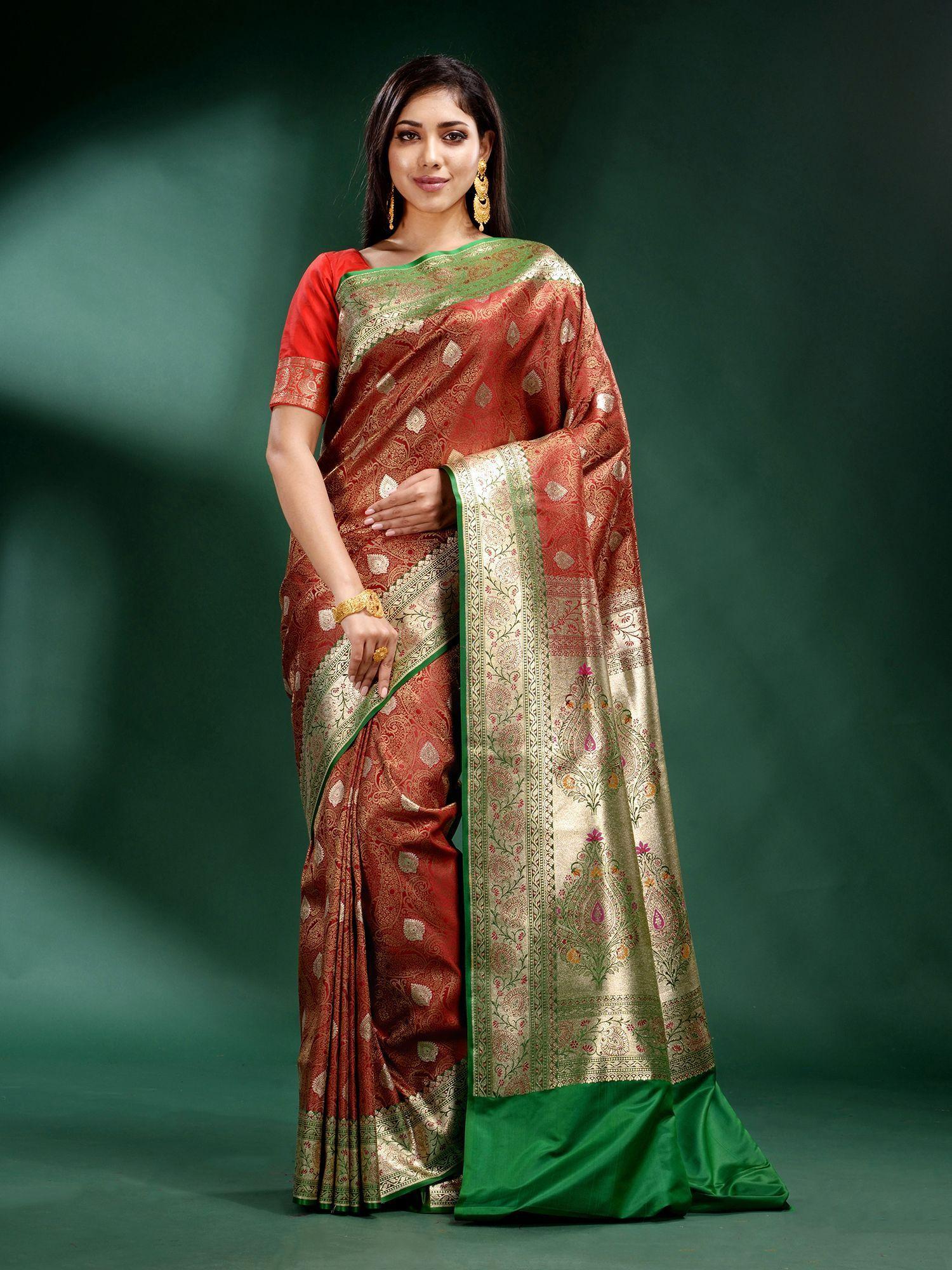 maroon katan silk handwoven soft saree with unstitched blouse