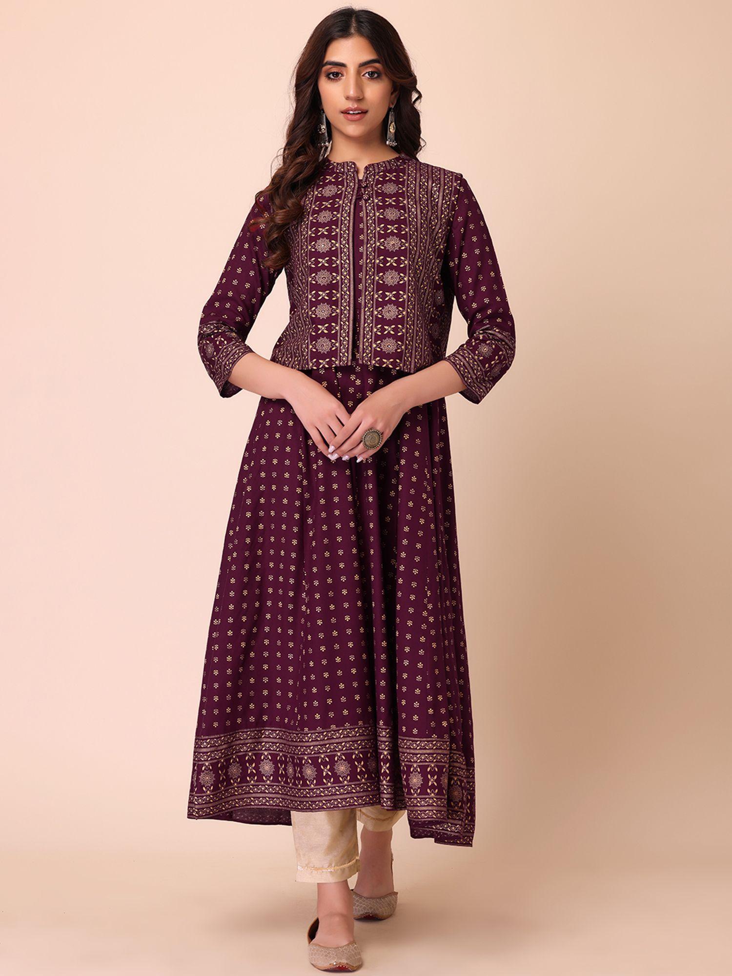 maroon khadi print rayon anarkali with collared jacket (set of 2)