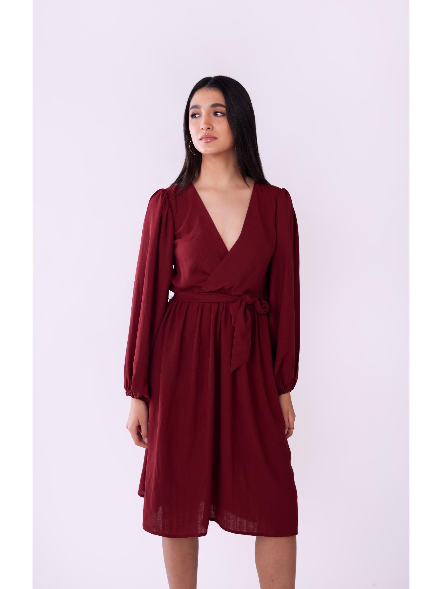 maroon knee length wrap dress with belt (set of 2)