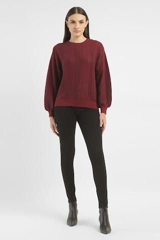 maroon knitted casual full sleeves crew neck women regular fit sweater