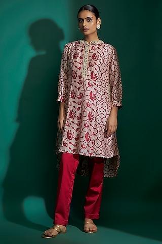 maroon kora silk block printed tunic set