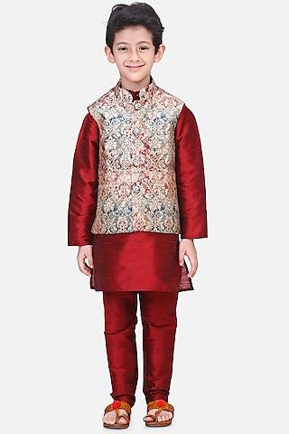 maroon kurta set with golden nehru jacket for boys