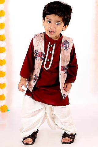 maroon kurta set with printed nehru jacket set for boys