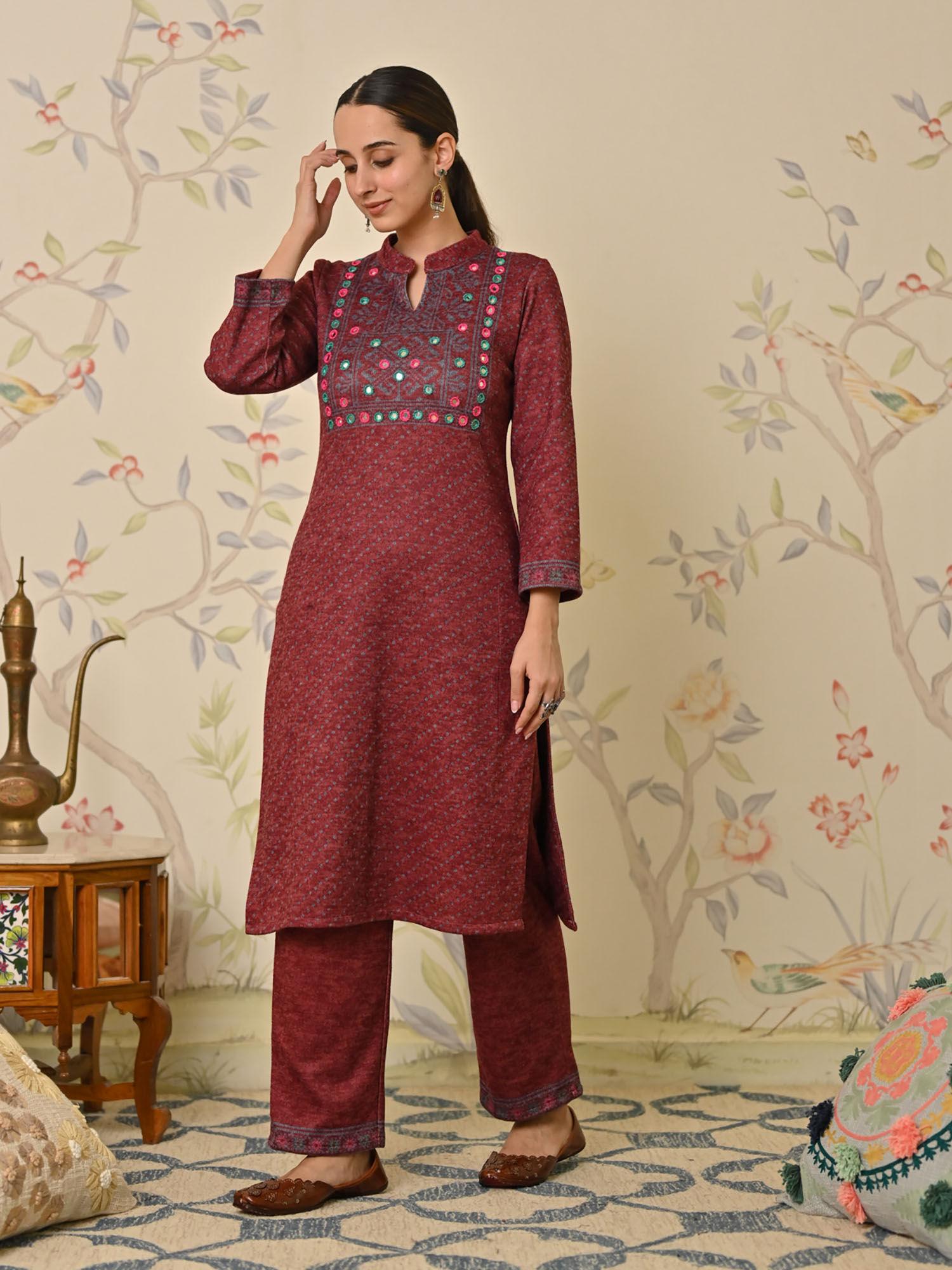 maroon kutch embroidered mirror work woollen kurta