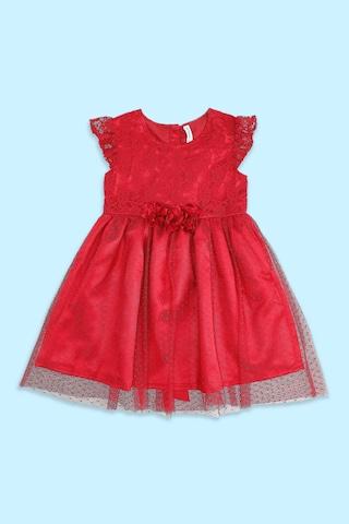 maroon lace pattern round neck party sleeveless girls regular fit dress