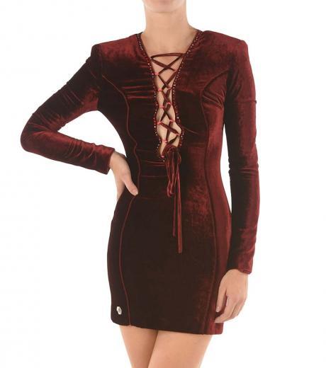 maroon lace-up detail velour dress