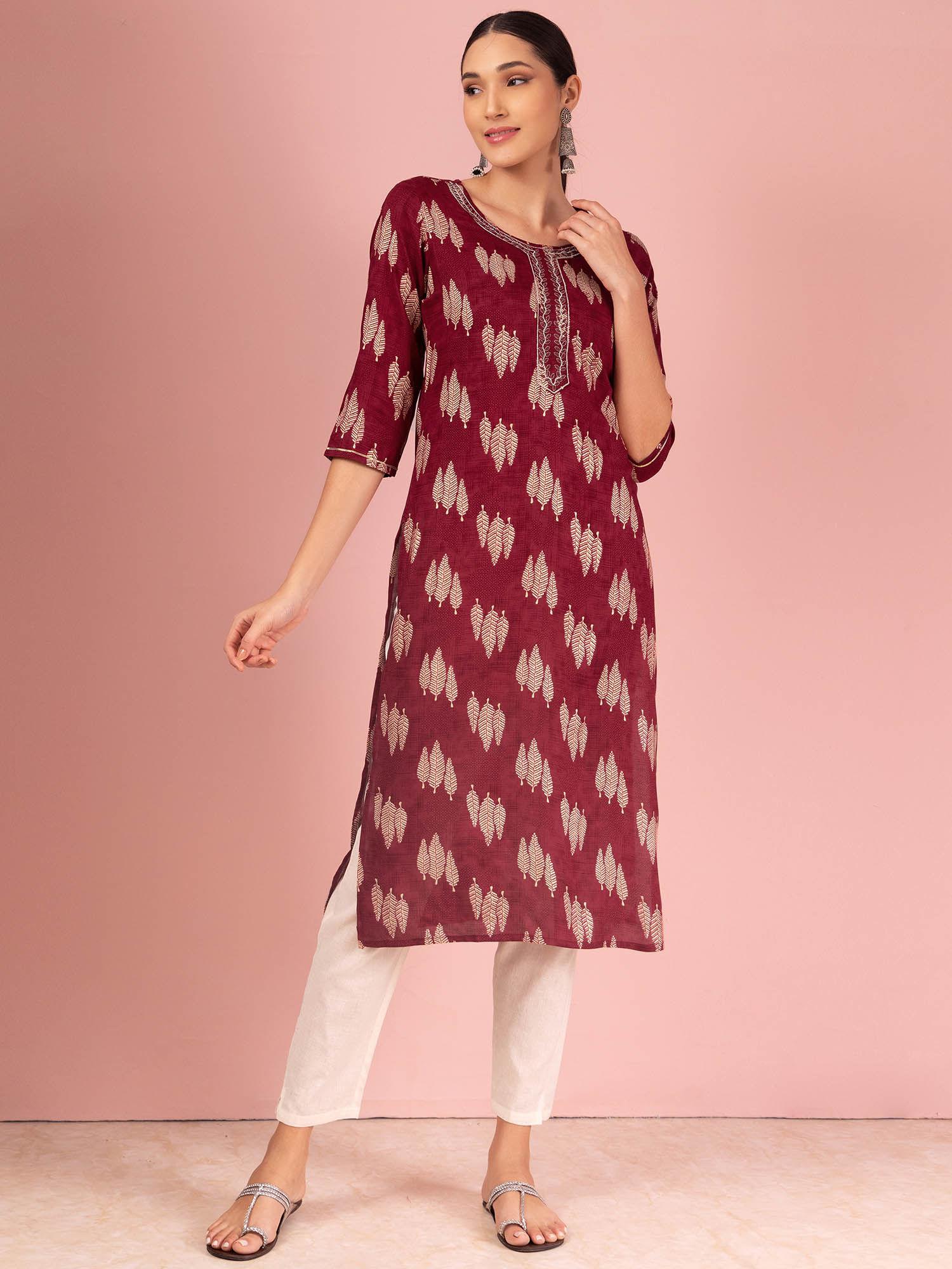 maroon leaf print embroidered rayon kurta