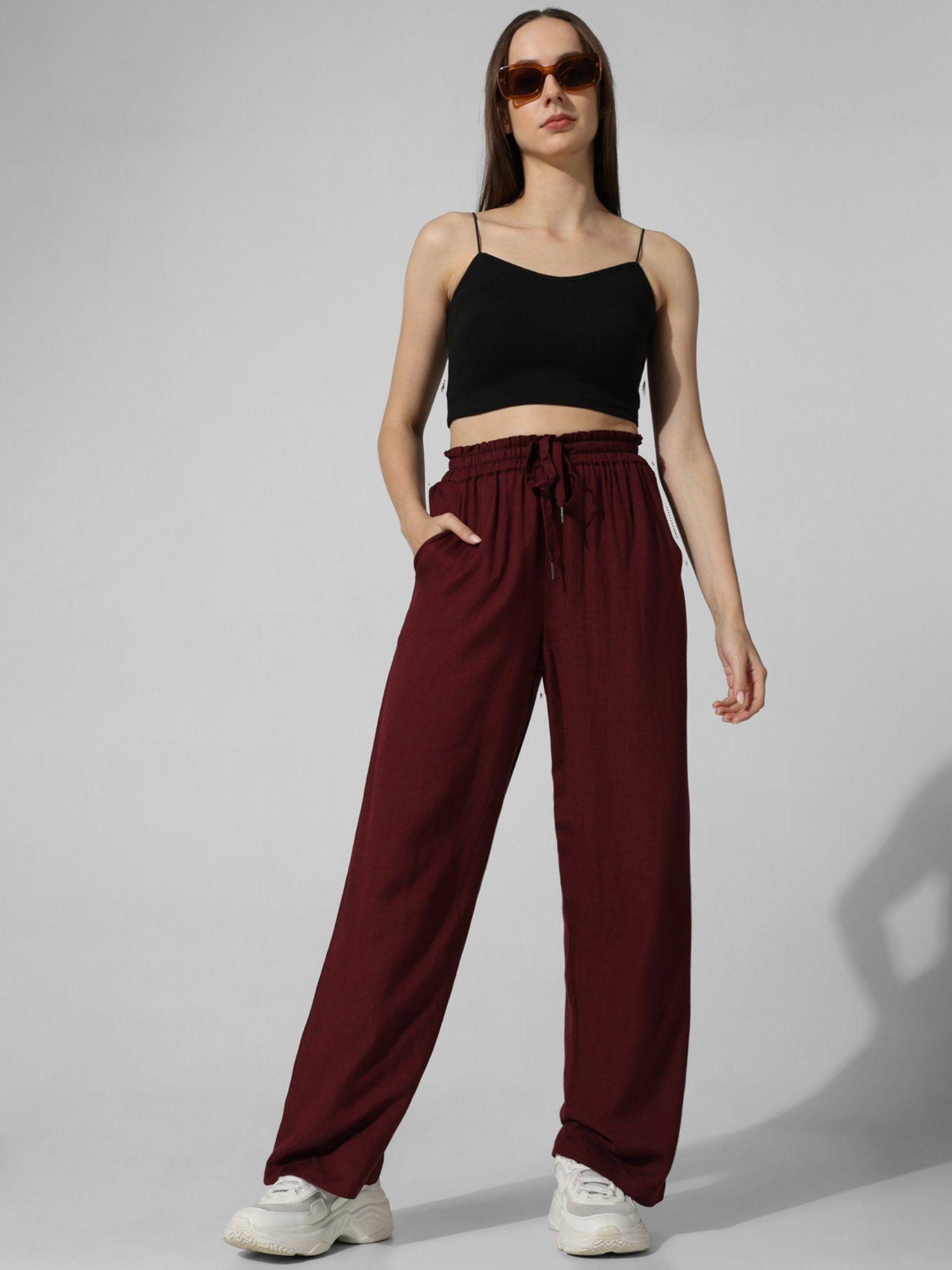 maroon linen-blend pull-on trousers