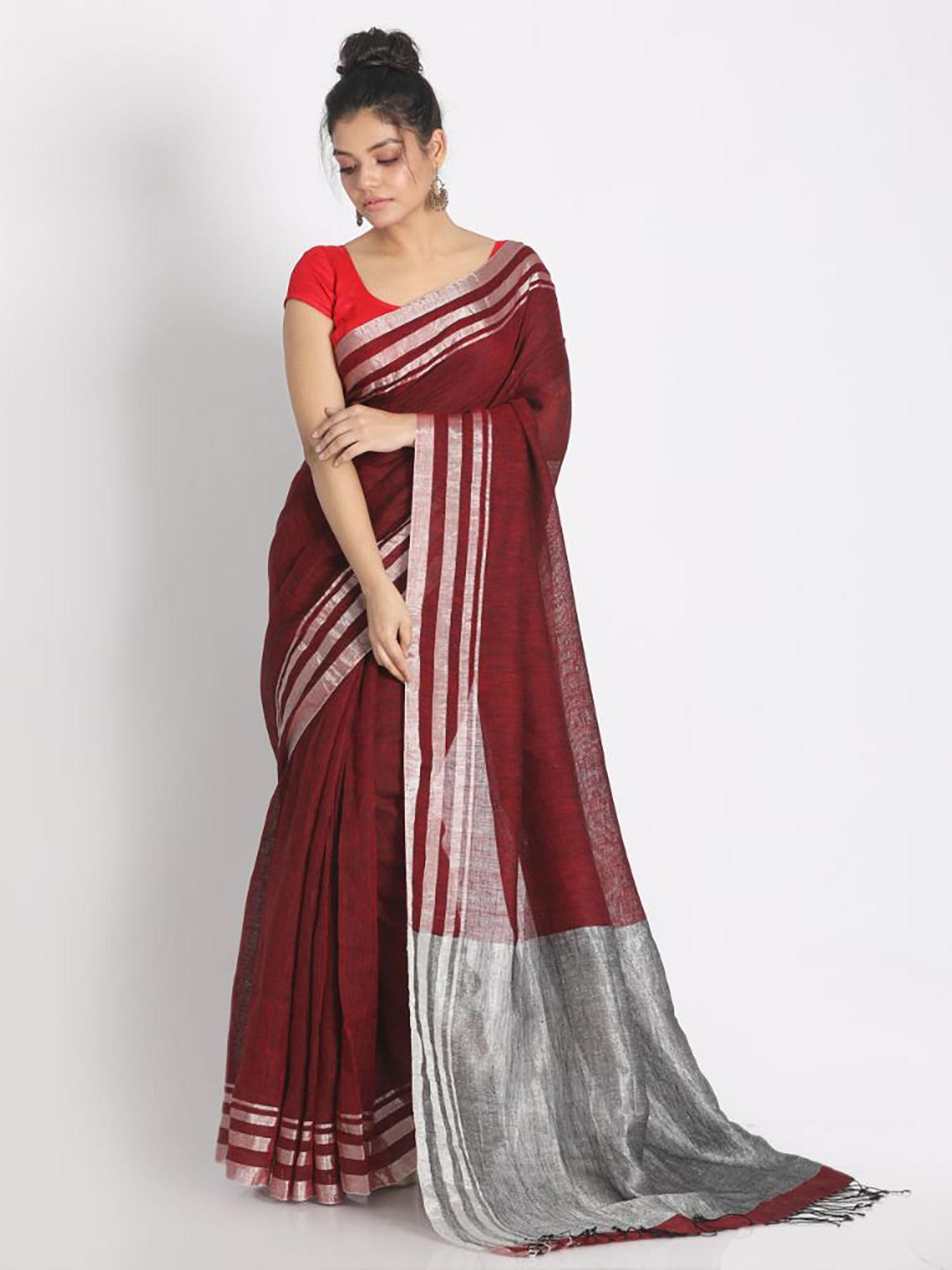 maroon linen colorblock handloom saree with unstitched blouse