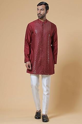 maroon linen cotton silk mirror hand embroidered kurta set