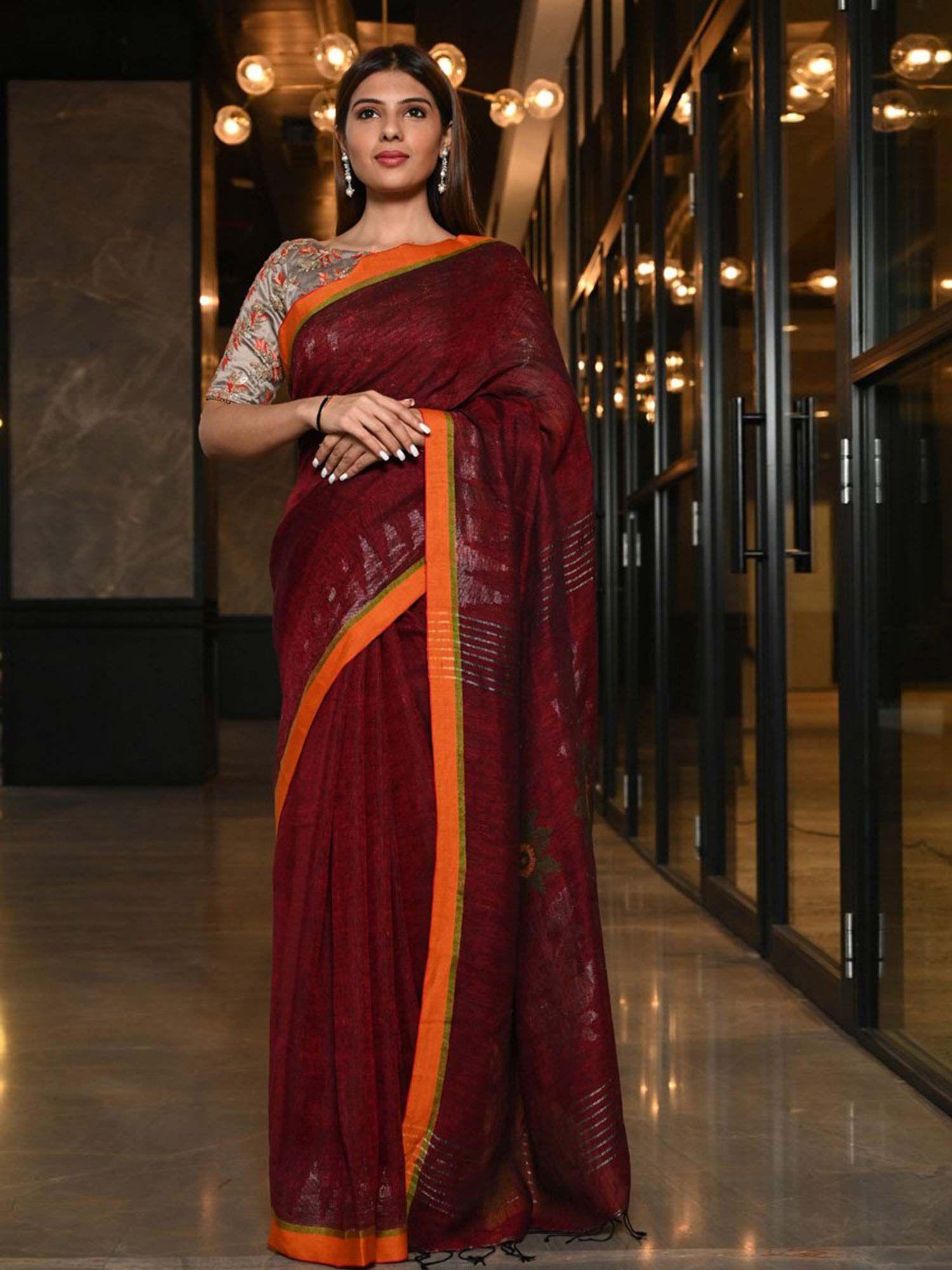 maroon linen handwoven saree with unstitched blouse