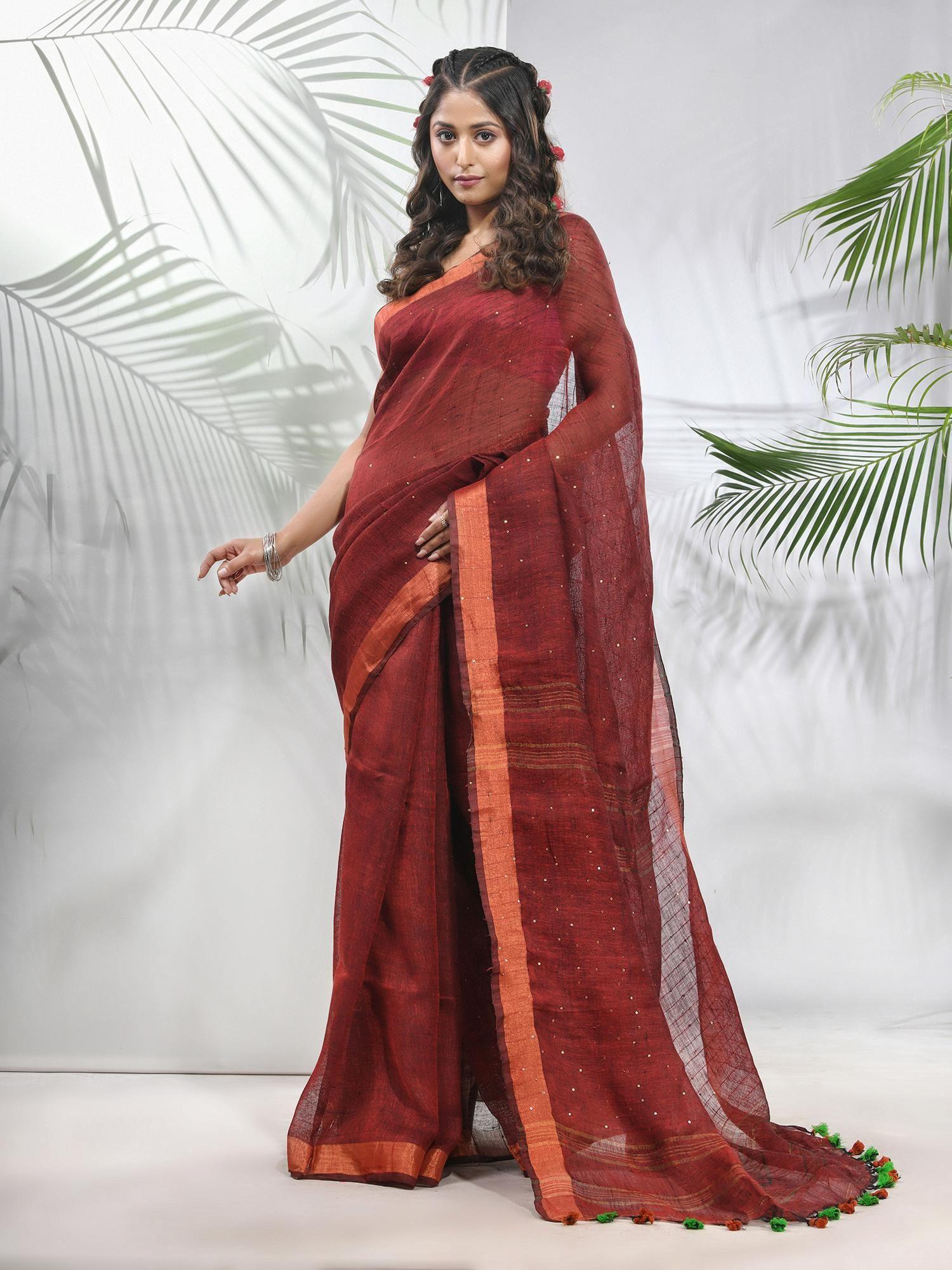 maroon linen saree with sequined work in stripes pallu with unstitched blouse