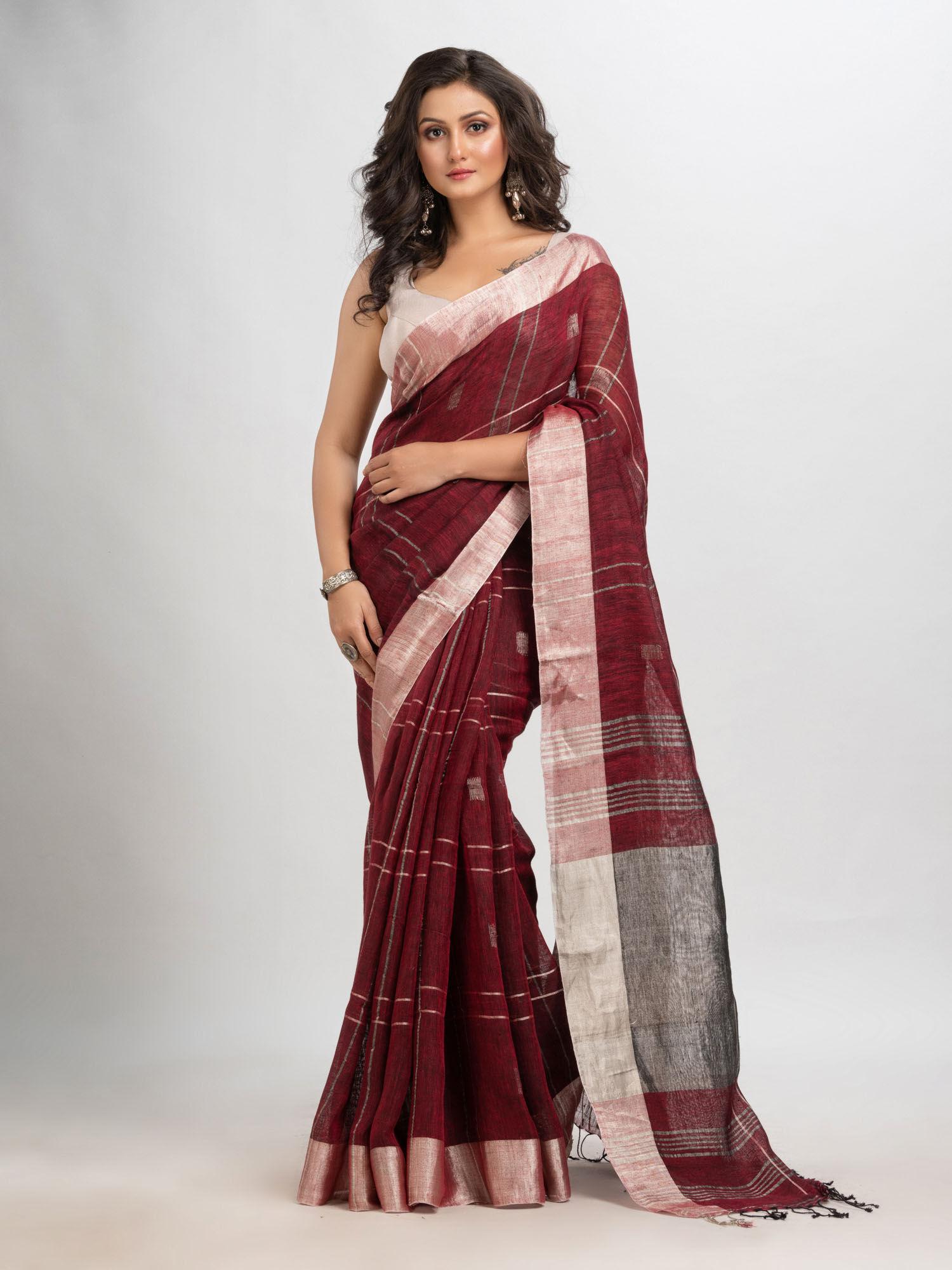 maroon linen stripes woven saree with unstitched blouse