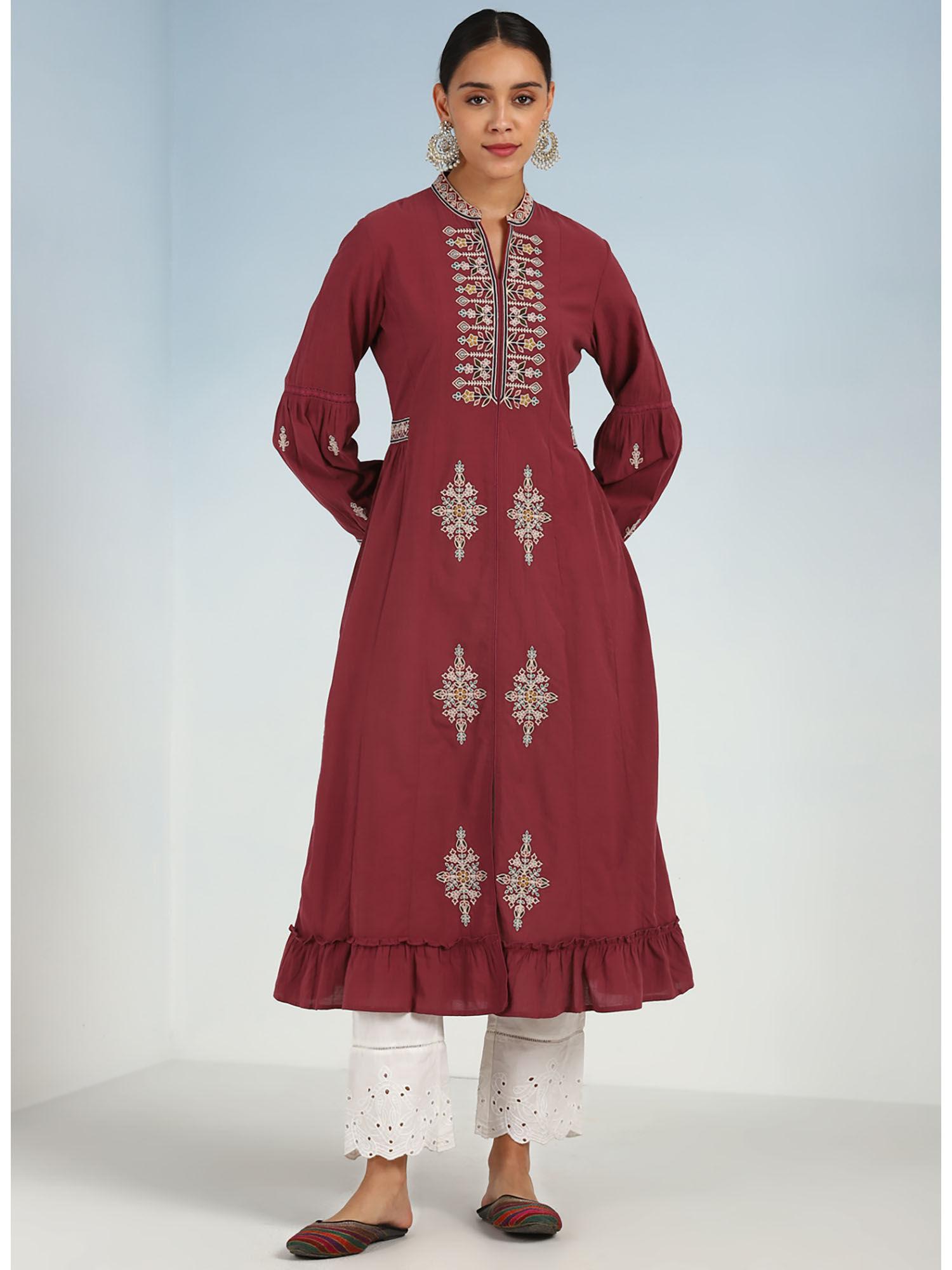 maroon long embroidered long kurta with frilled hem