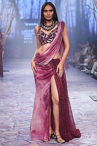 maroon lurex digital printed pre-draped saree set