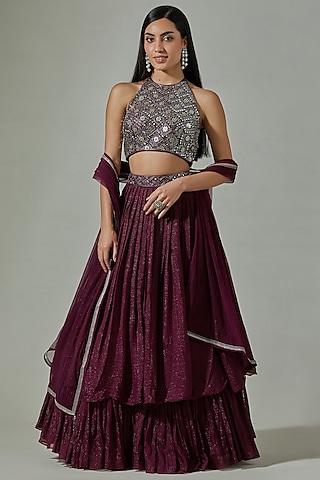 maroon lurex embroidered lehenga set