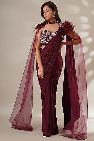 maroon lycra embellished jacket saree set