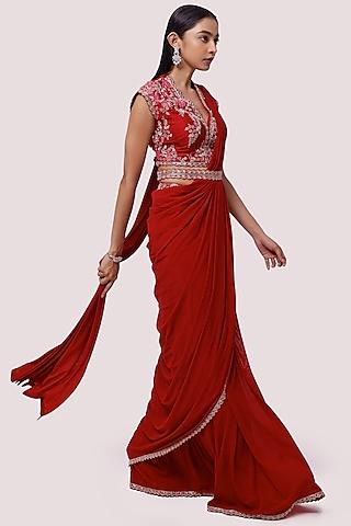 maroon lycra net embroidered draped saree set