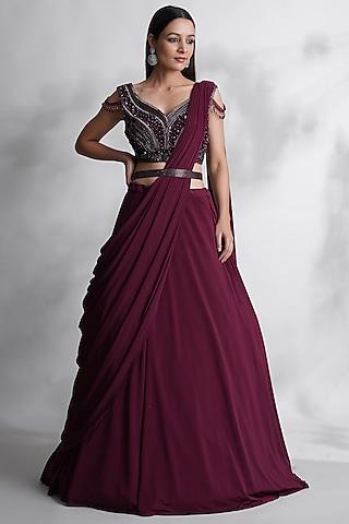 maroon lycra pleated lehenga set