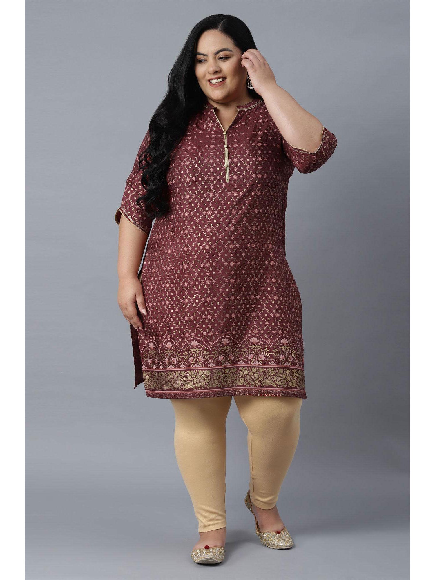 maroon mandarin collar foil print straight kurta