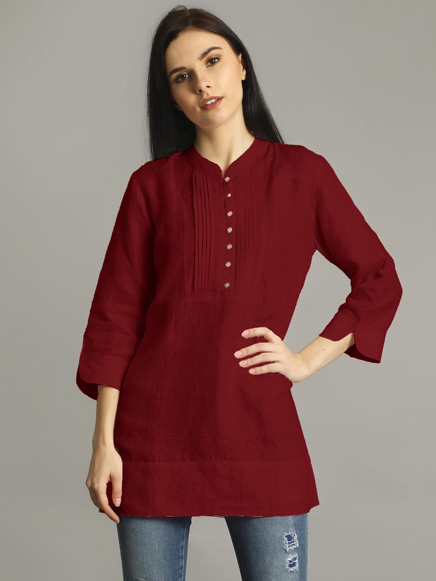 maroon mandarin neck pleated tunic