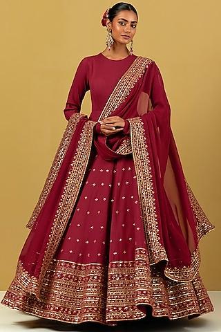 maroon matka silk hand embroidered anarkali set