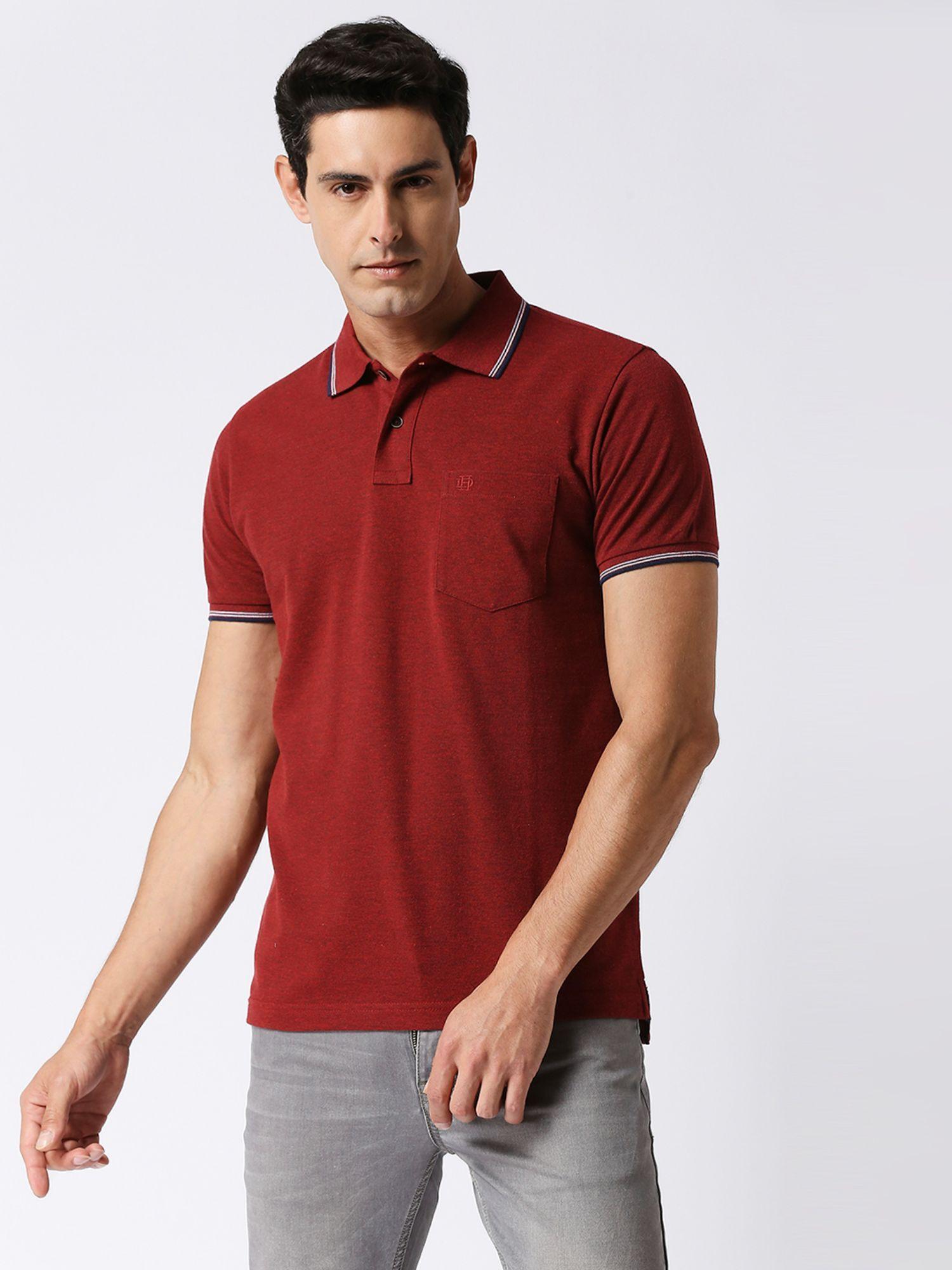 maroon melange pique polo with pocket