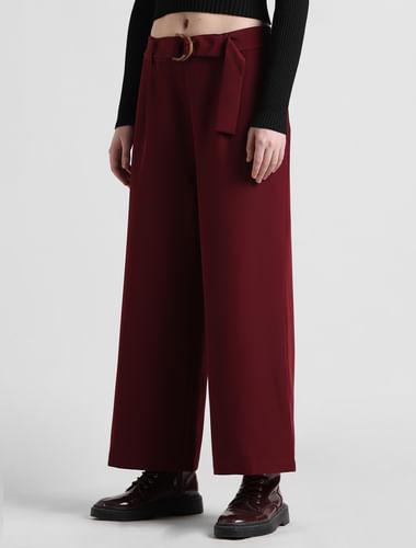 maroon mid rise belted culottes