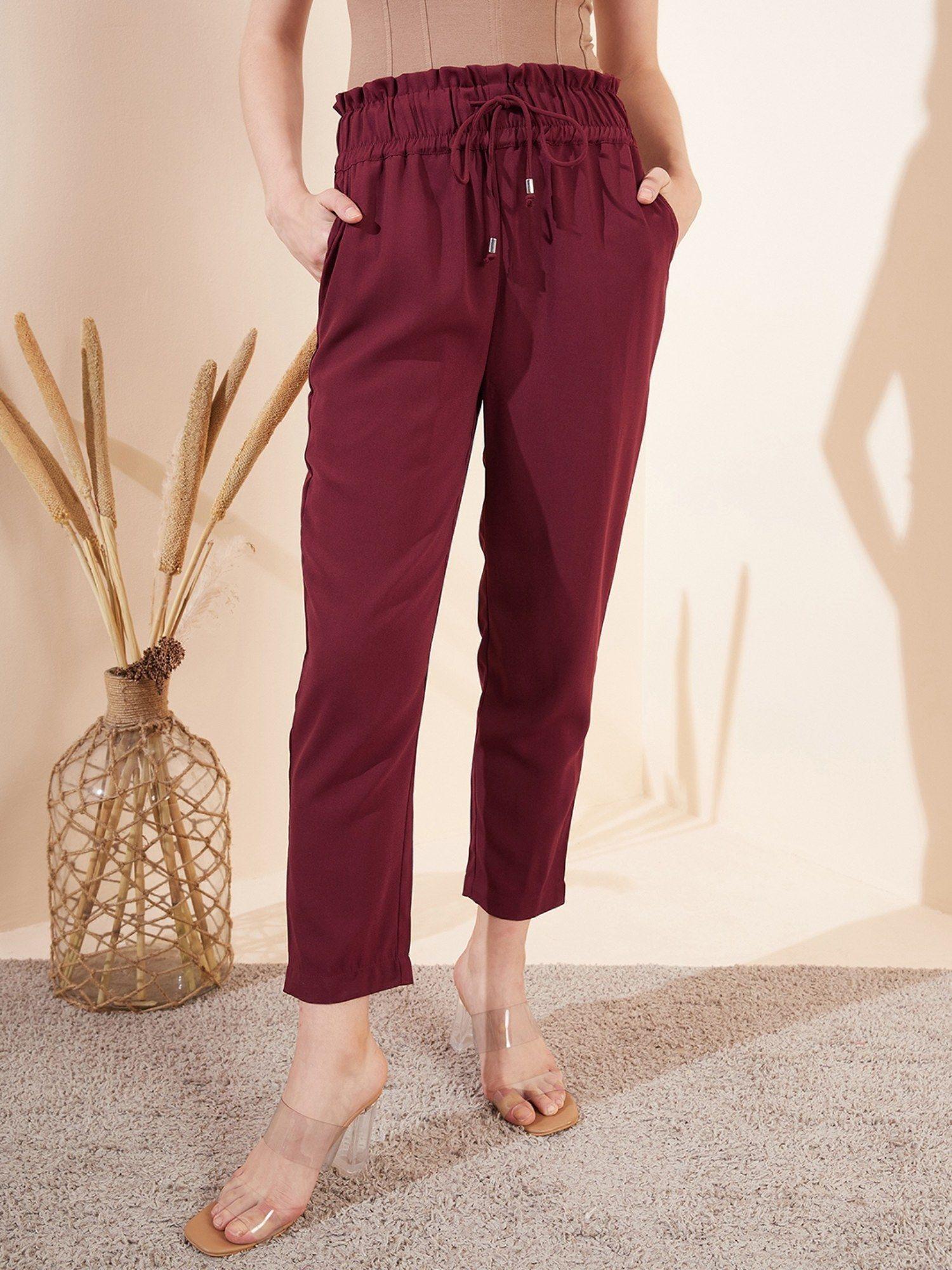 maroon mid waist straight trousers