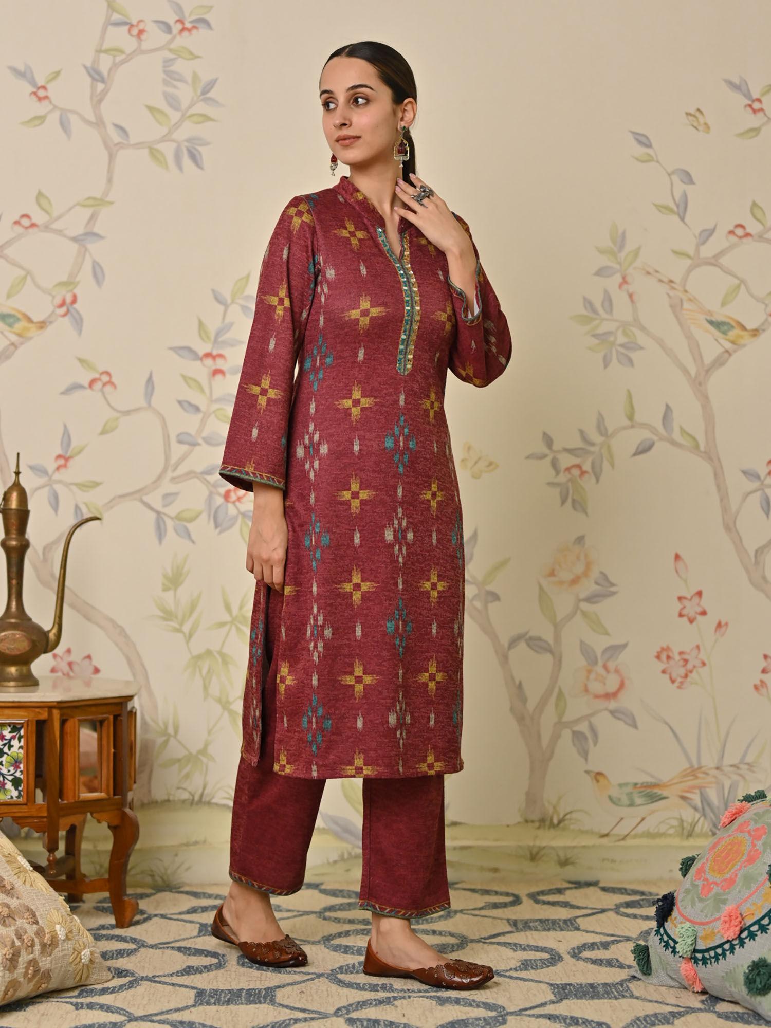 maroon mirror work & printed woollen kurta