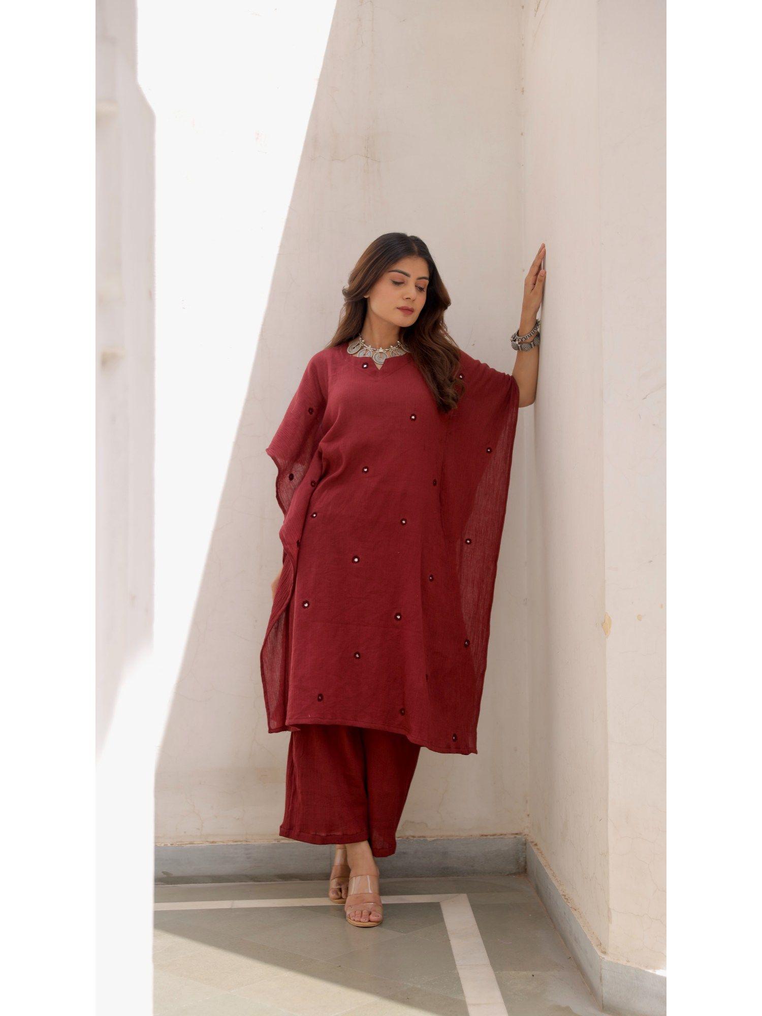 maroon mirror work cotton gauze kaftan straight (set of 3)