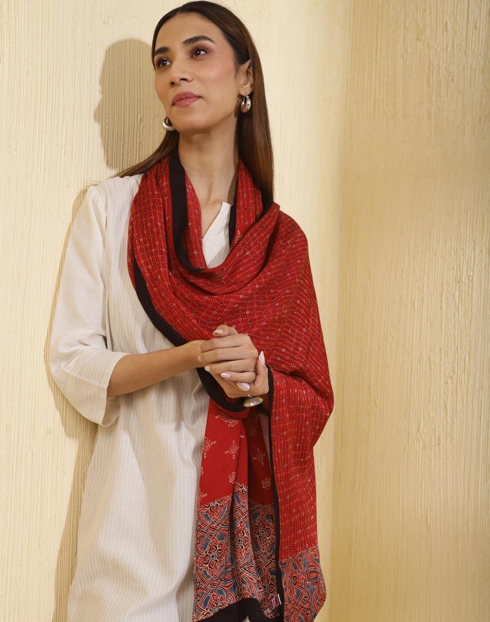 maroon modal ajrakh printed stole