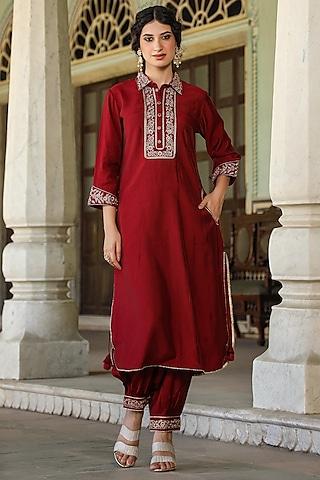 maroon modal chanderi embellished pathani kurta set