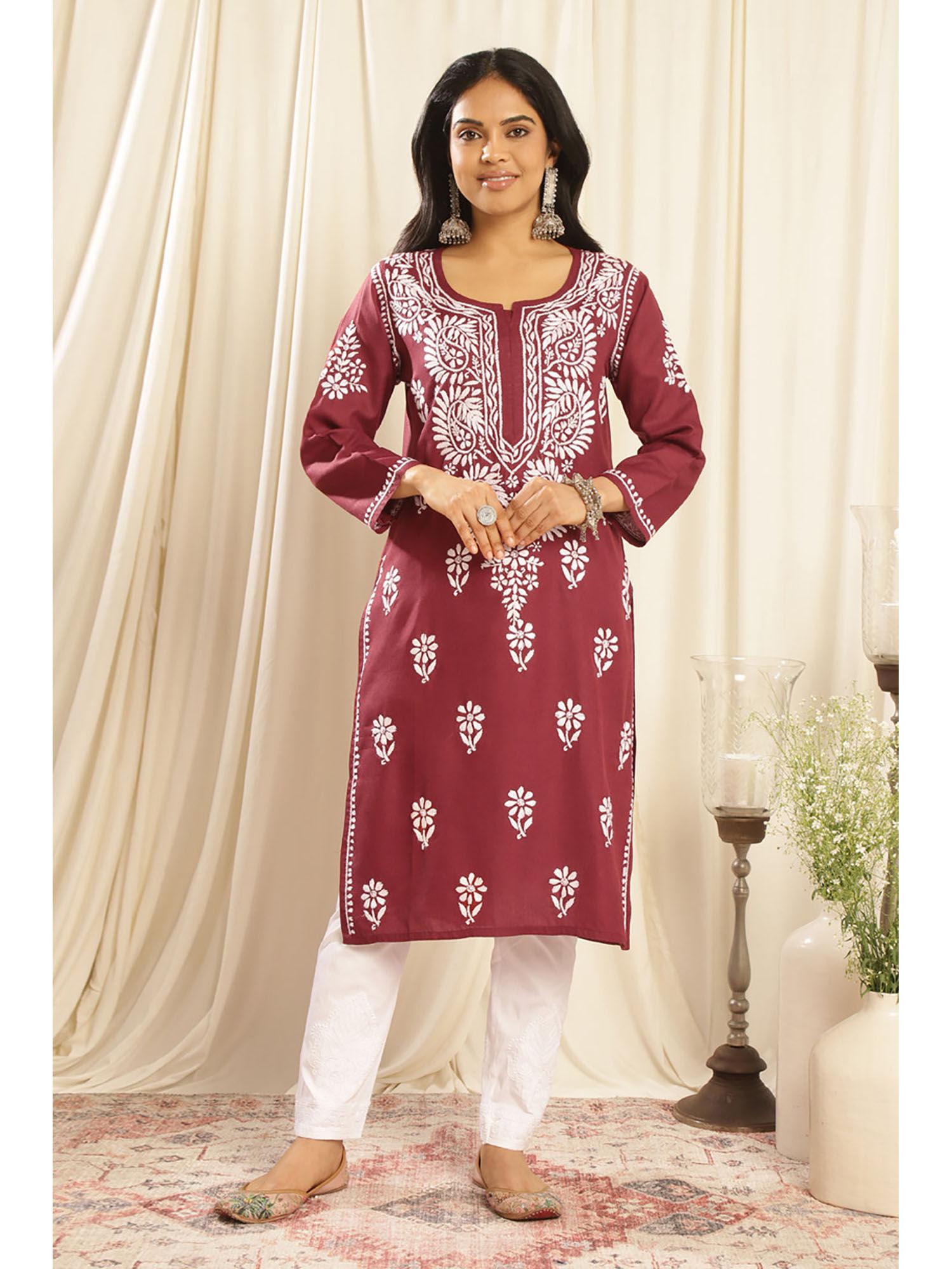 maroon modal chikankari kurta