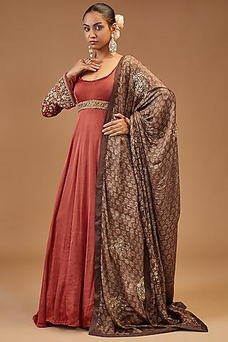 maroon modal silk embroidered anarkali set