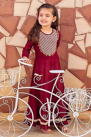 maroon modal thread embroidered dress for girls
