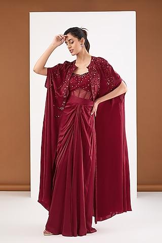 maroon moon satin & net cape set